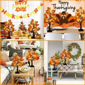 Fall Maple Tree With LED Lights - 18" Artificial Light-Up Pumpkin & Leaf Tree For Thanksgiving Halloween Home Decor